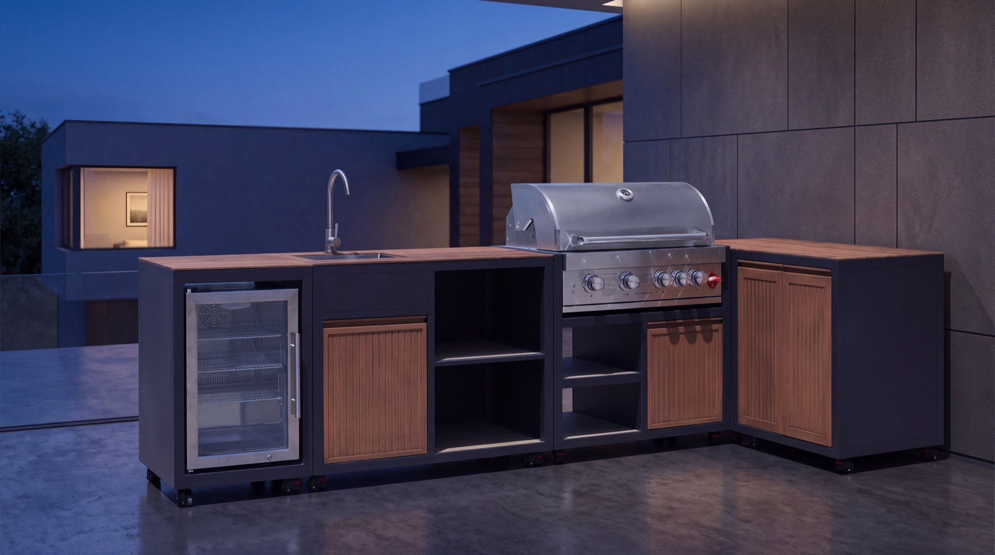 KC-14 outdoor kitchen at blue hour